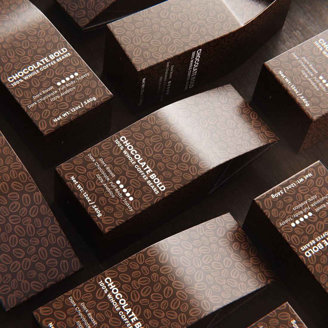 Chocolate Bold dark roast boxes with coffee bean pattern